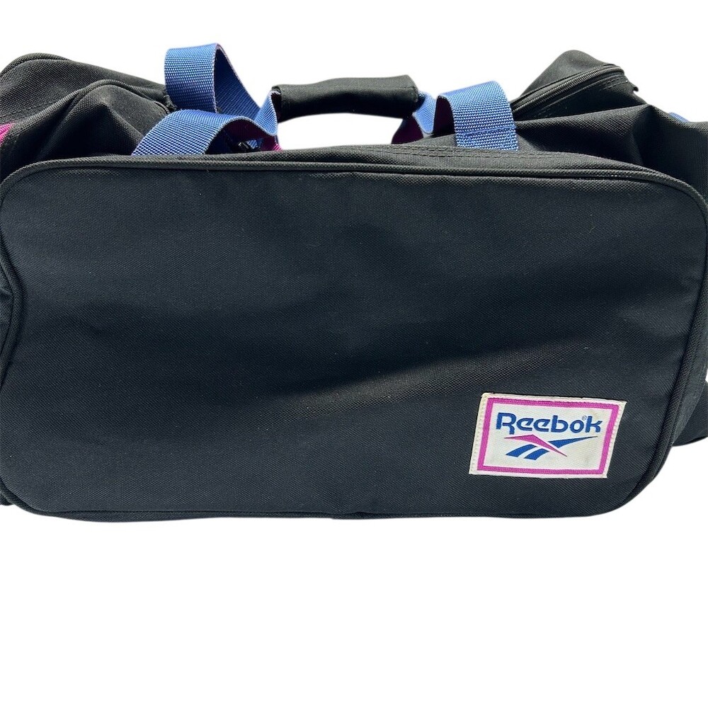 Reebok Vintage Duffle Gym Travel Bag Black Blue Straps Pink Zippers Mesh 90s